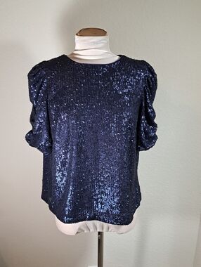 Anthropologie NEW Women’s Navy Blue Sequined Top Size 10 Ruched Short Sleeve
